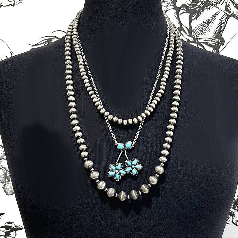 Western Navajo Pearl Bead Layered Necklace: Turquoise/Silver