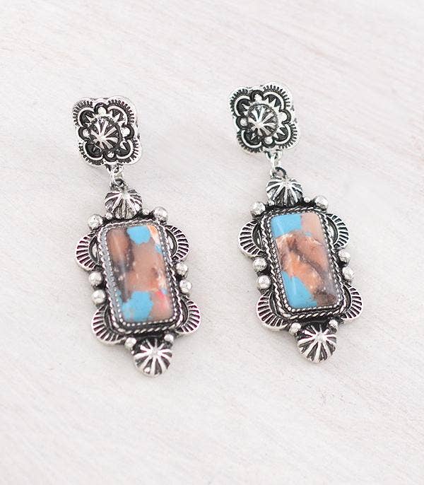 Concho Post Semi Stone Earrings: Turquoise