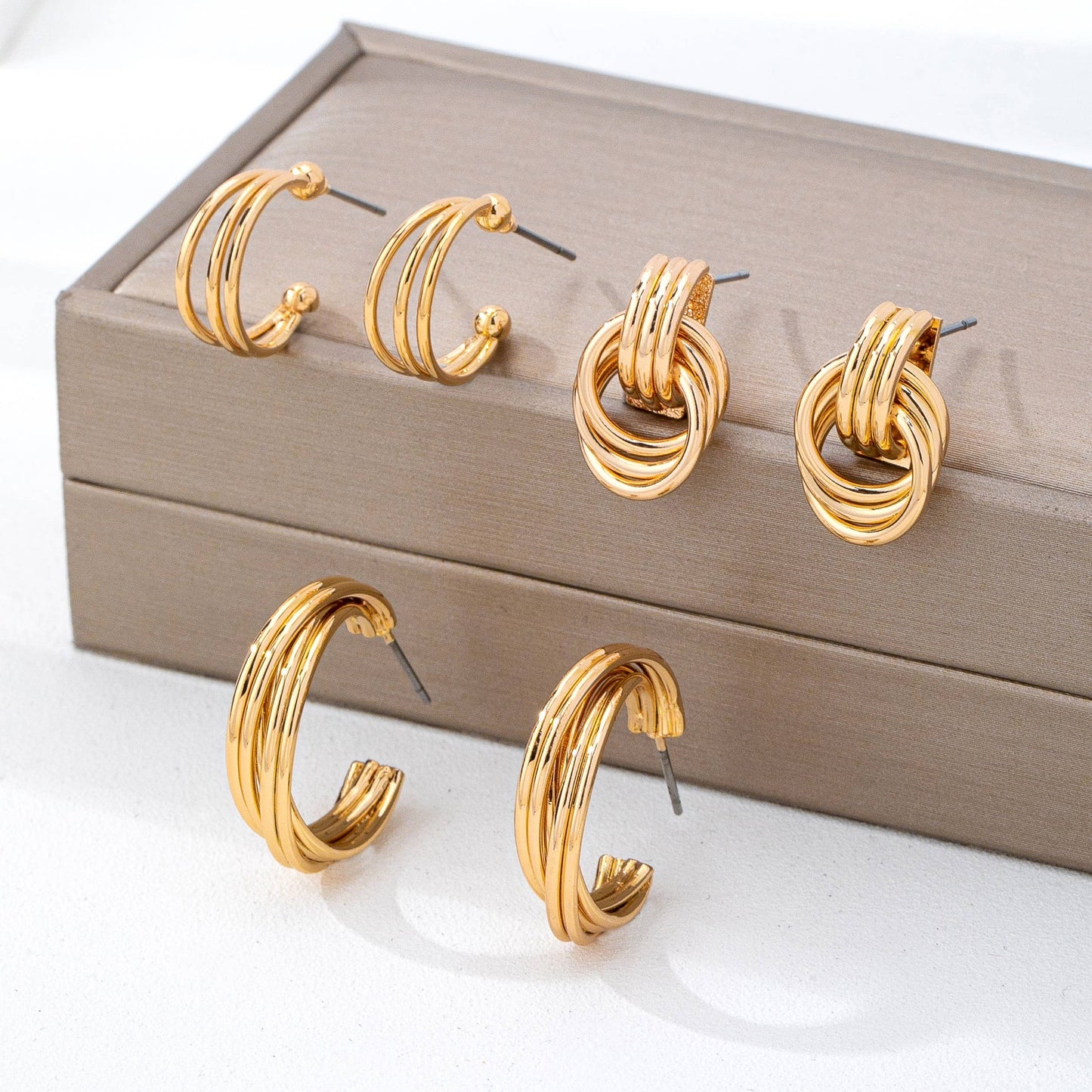 Curated Multi-Line Hoop Earring Set Gold