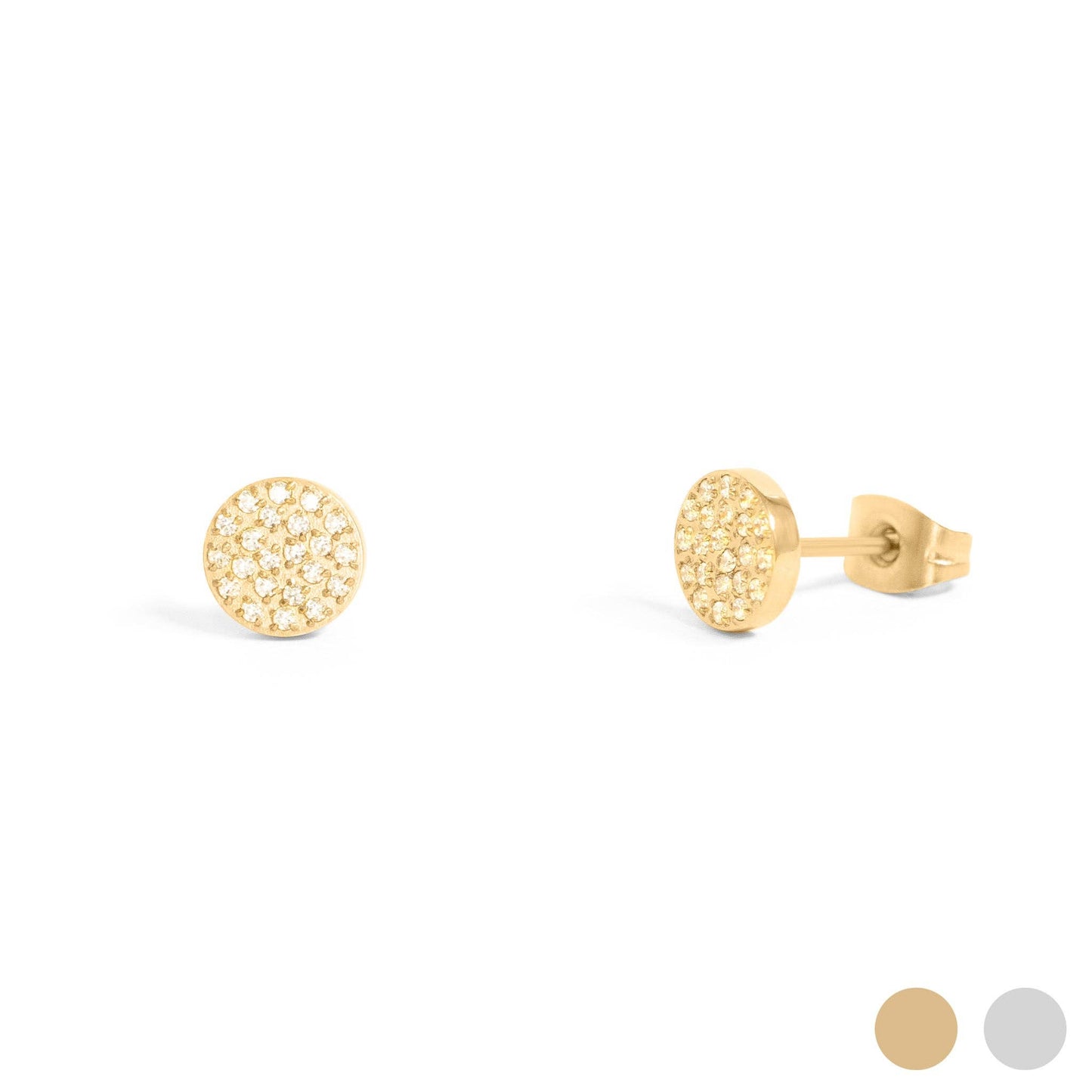 18K Gold PVD Stainless Steel Pave Stone Round Stud Earrings: Stainless