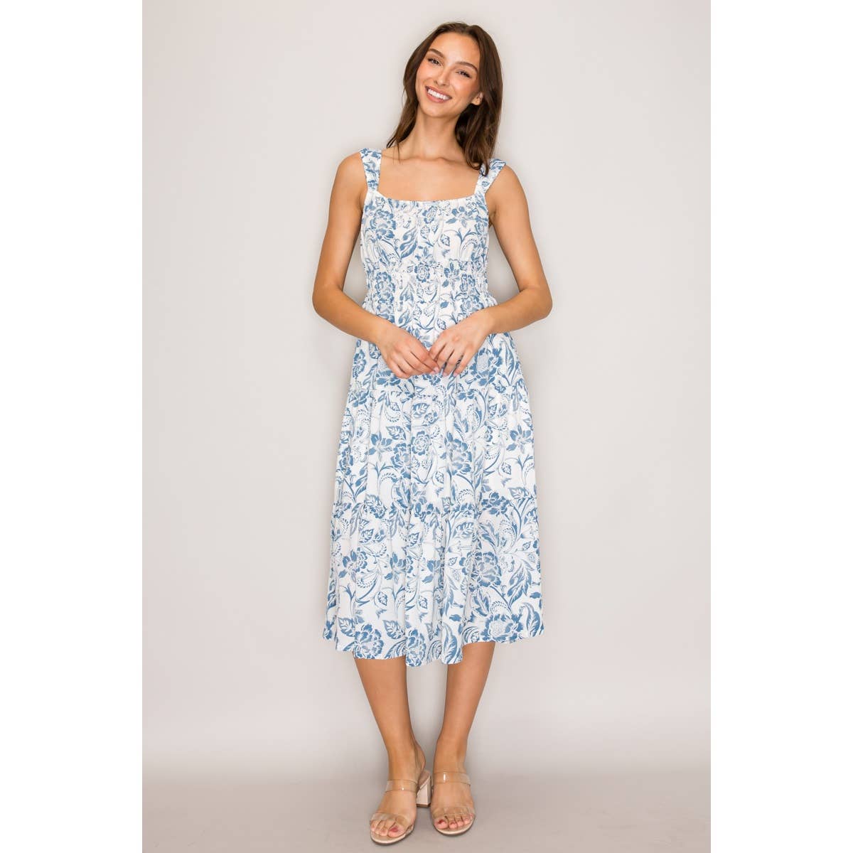 Seraphina Tiered Printed Woven Lined Midi Dress Ivory Blue
