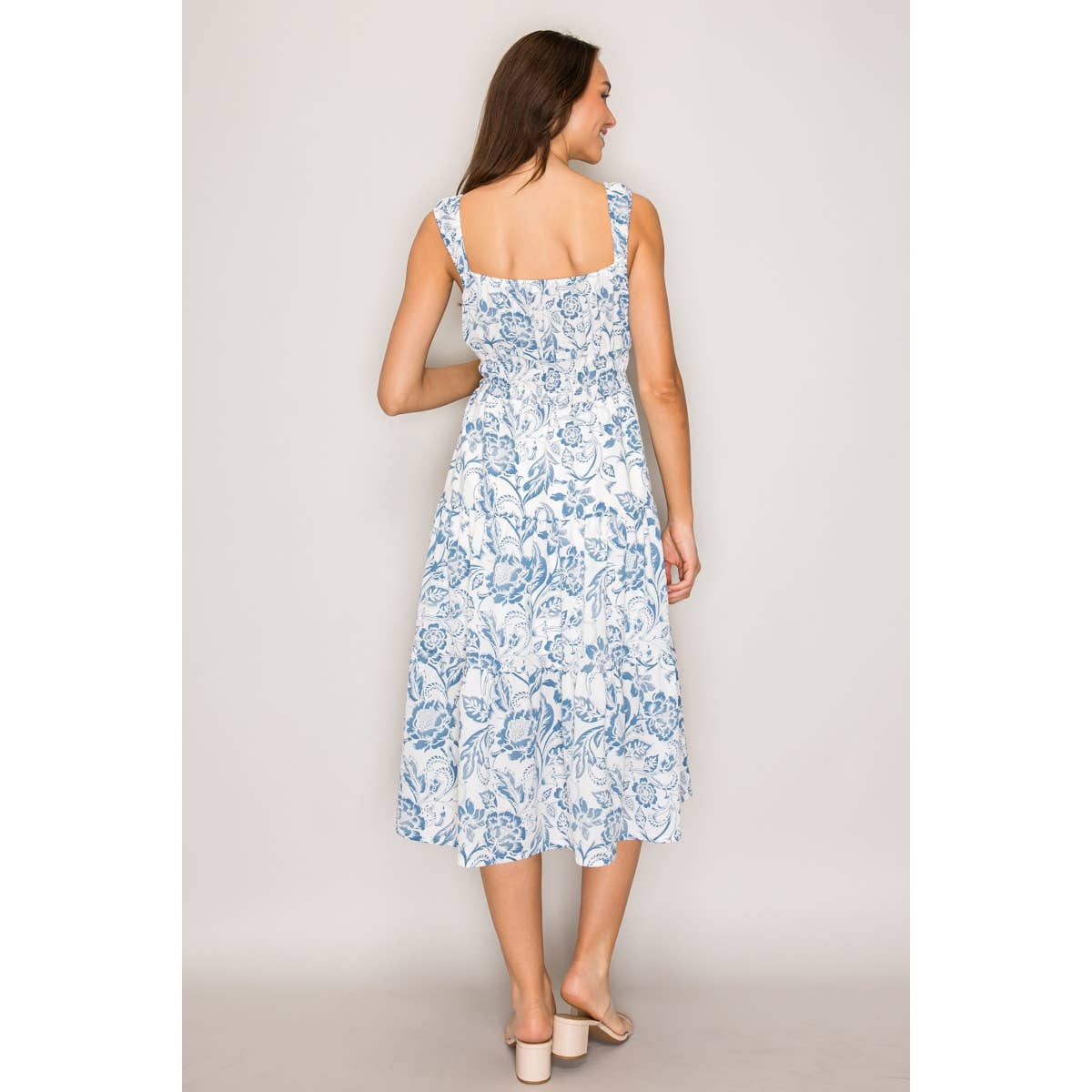 Seraphina Tiered Printed Woven Lined Midi Dress Ivory Blue