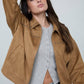 STUDDED COLLARED ZIP-UP SUEDE JACKET: CAMEL