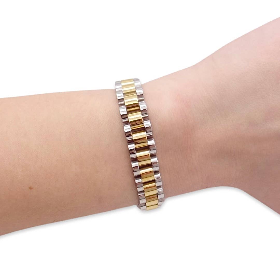 18k Gold Filled Two-Tone Strap Link Bracelet: 16 cm (Women)