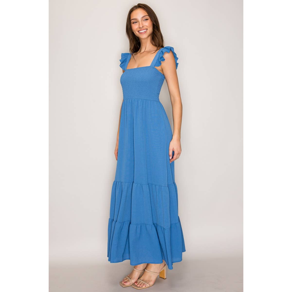 Denim Blue Flutter Strap Smocked Woven Maxi Dress