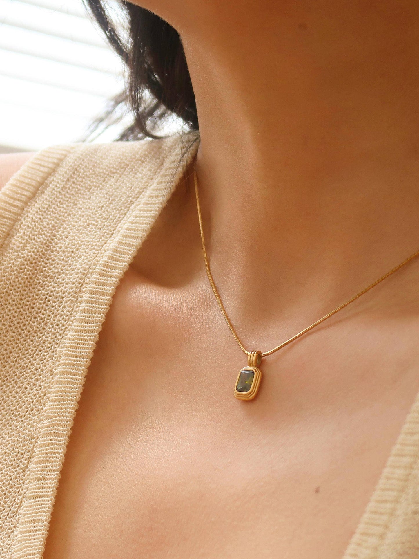 Maeve 18K PVD Non-Tarnish Green Square Stone Pendant: Green