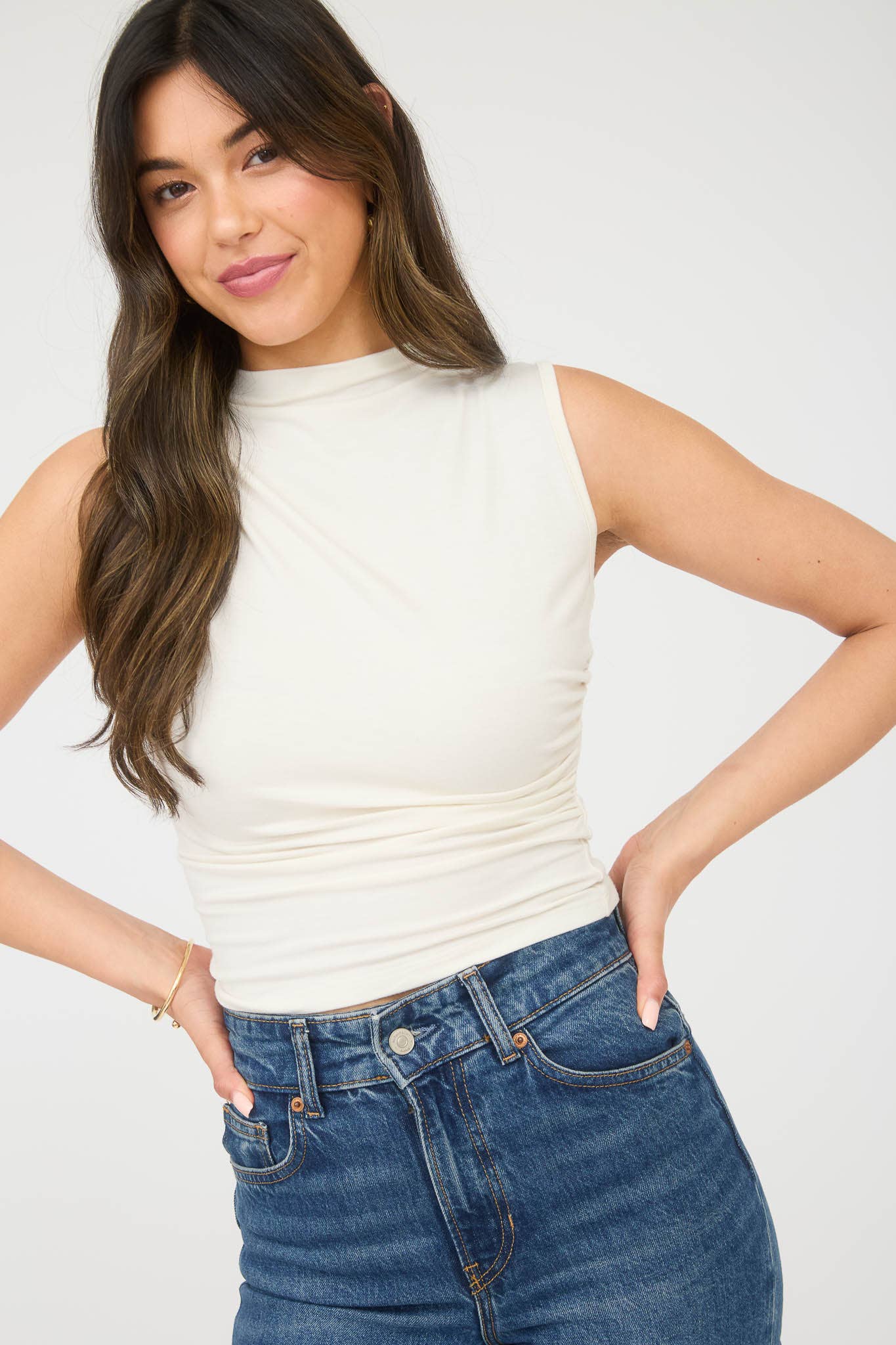 MOCK NECK RUCHED SHOULDER SLEEVELESS KNIT TOP  (PRE-ORDER): CREAM