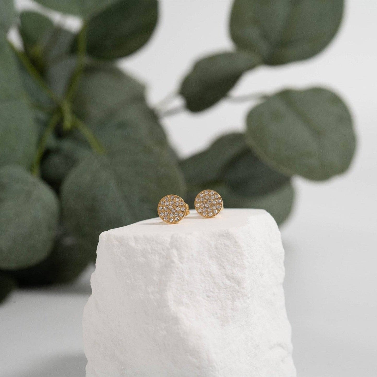 18K Gold PVD Stainless Steel Pave Stone Round Stud Earrings: Stainless
