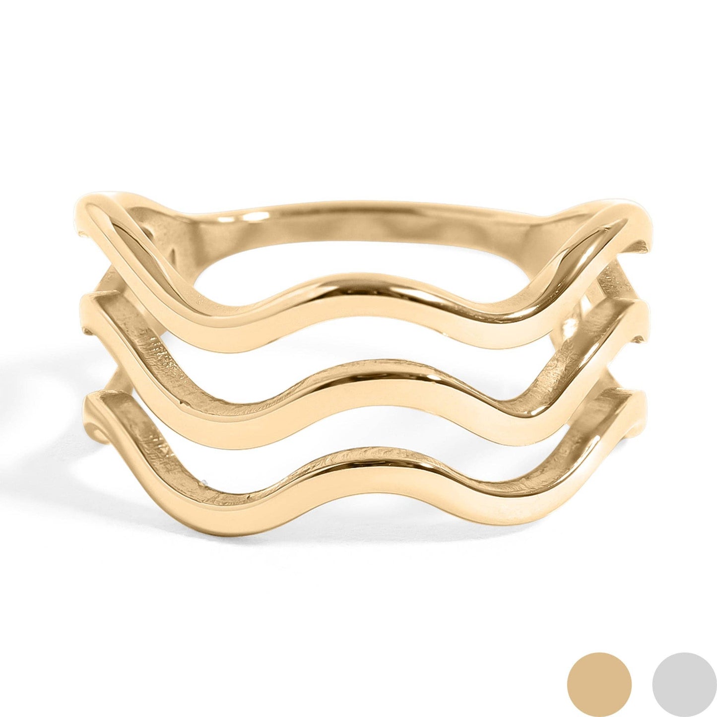 18K Gold PVD Stainless Steel Triple Wave Geometric Ring: Gold or Silver