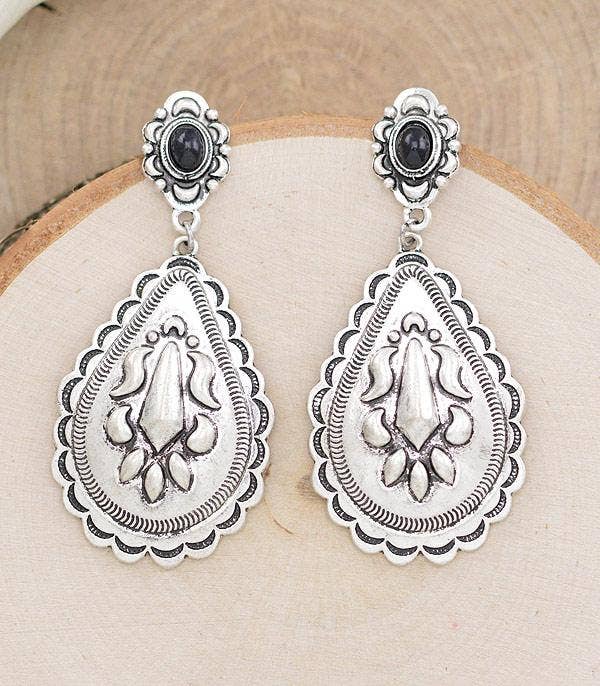 Western Concho Teardrop Earrings: Black