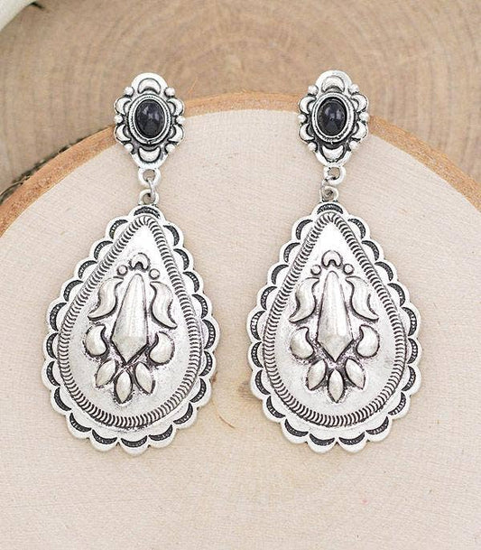 Western Concho Teardrop Earrings: Black