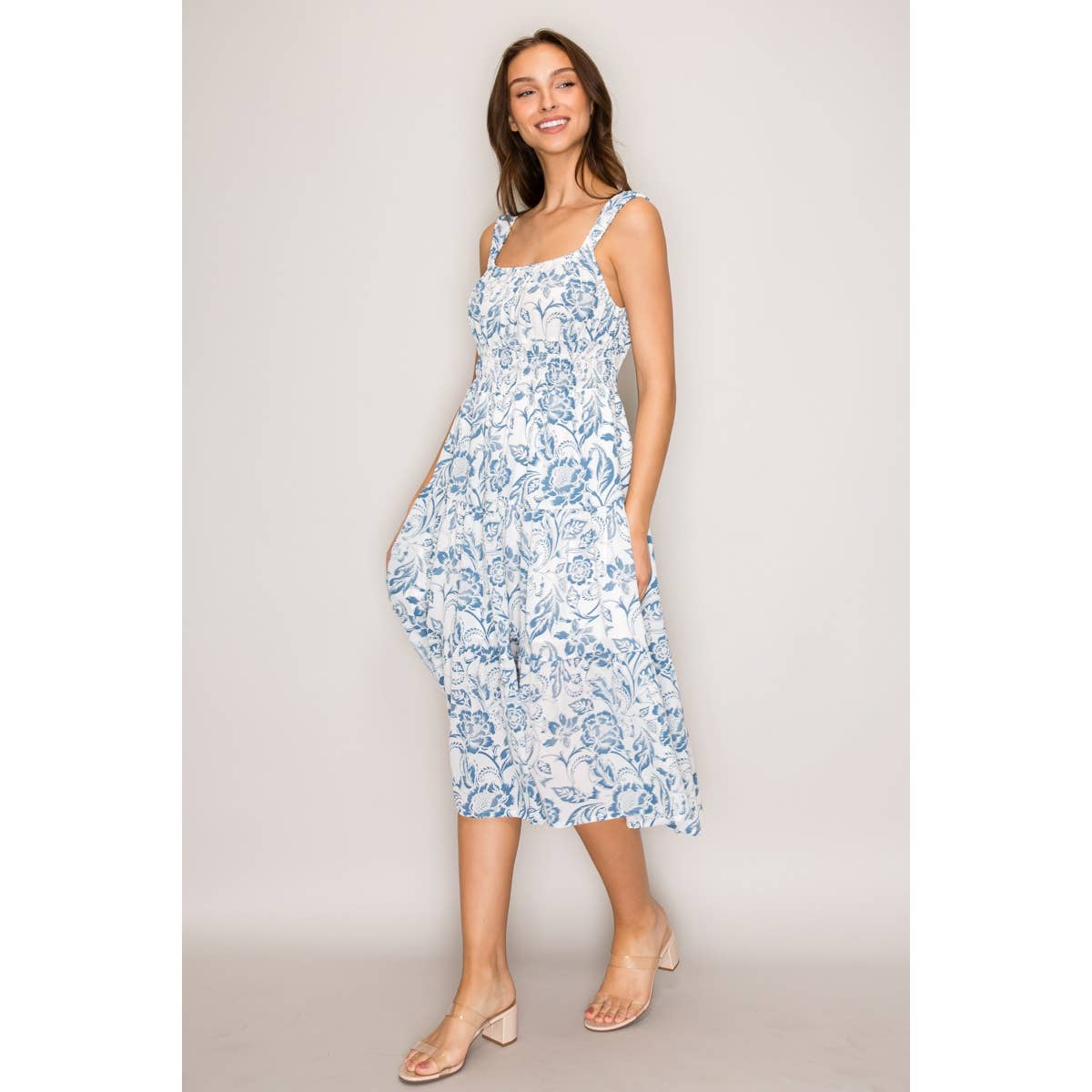 Seraphina Tiered Printed Woven Lined Midi Dress Ivory Blue