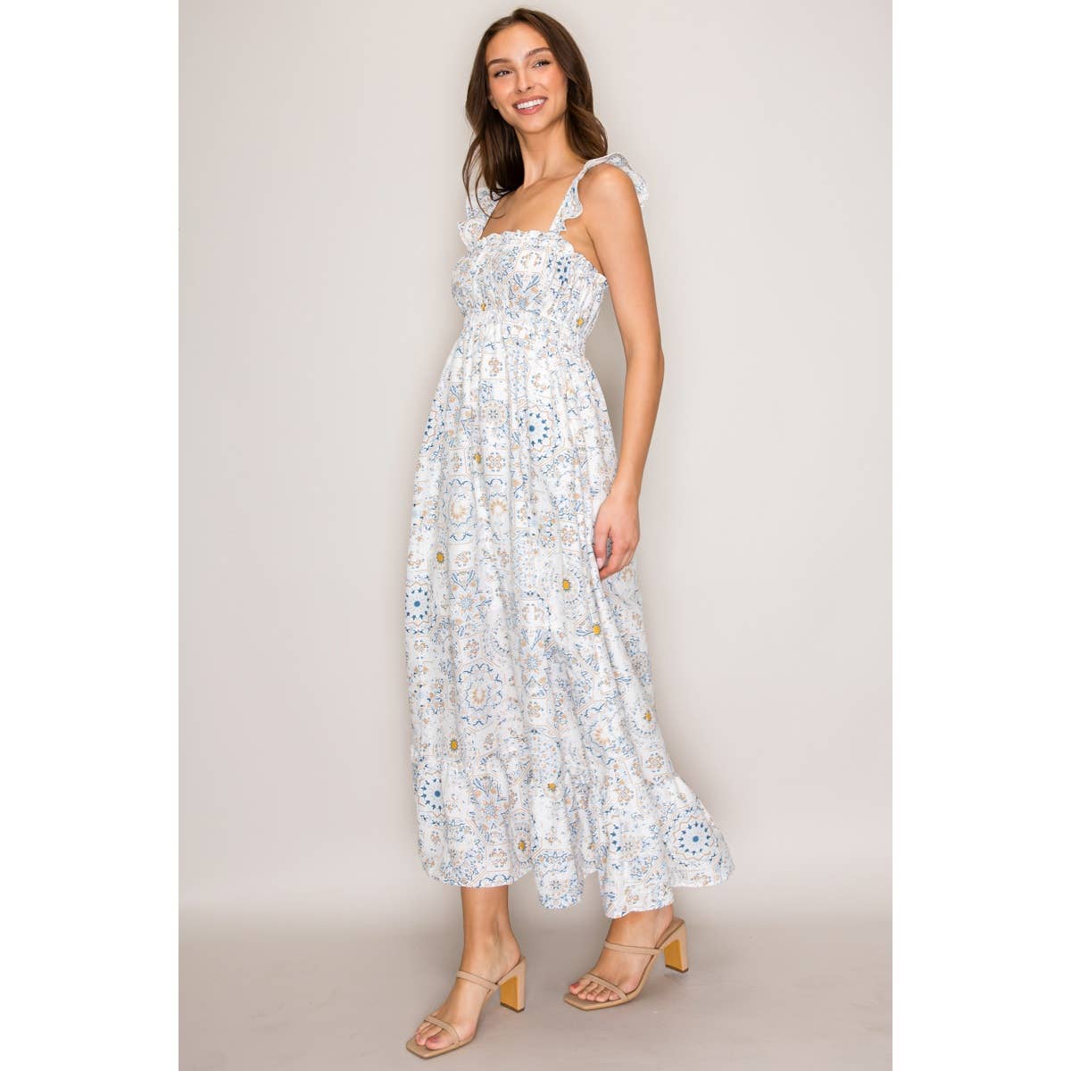Reese Flutter Strap Woven Maxi Dress Wht/Blue/Taupe