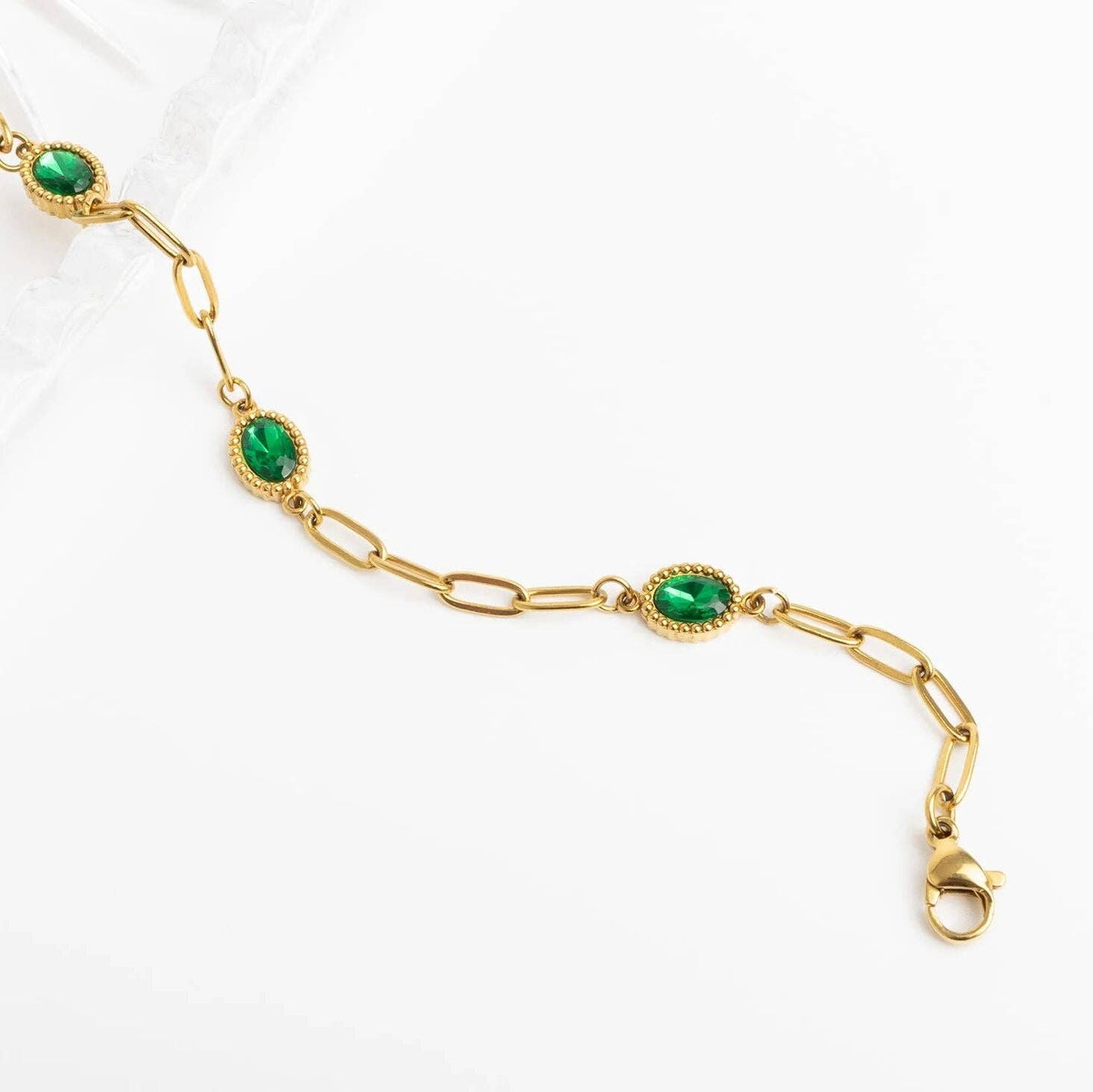 Paperclip Emerald Stone Station Bracelet: Gold