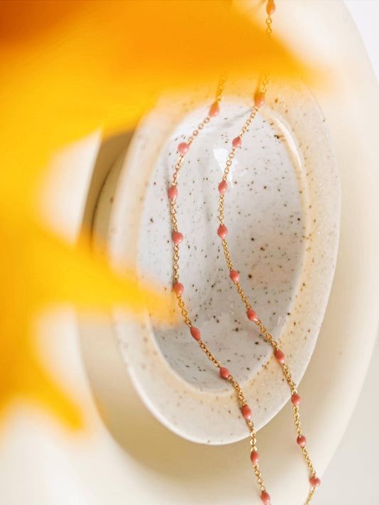 Pink Lady 18K PVD Gold Non-Tarnish Beaded Petite Chain Necklace: Rose