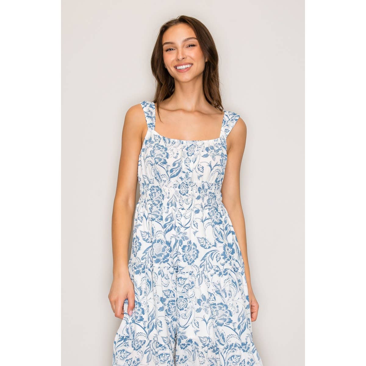Seraphina Tiered Printed Woven Lined Midi Dress Ivory Blue