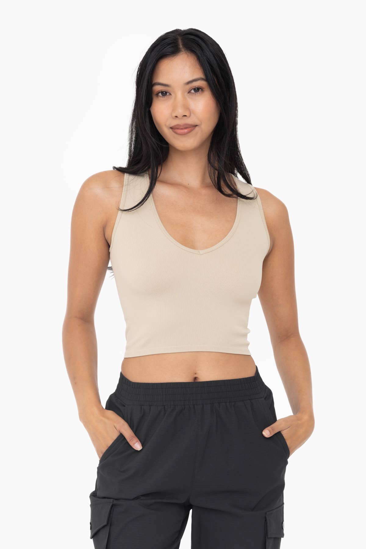 Seamless Ribbed V-Neck Crop Top: White / S:M:L