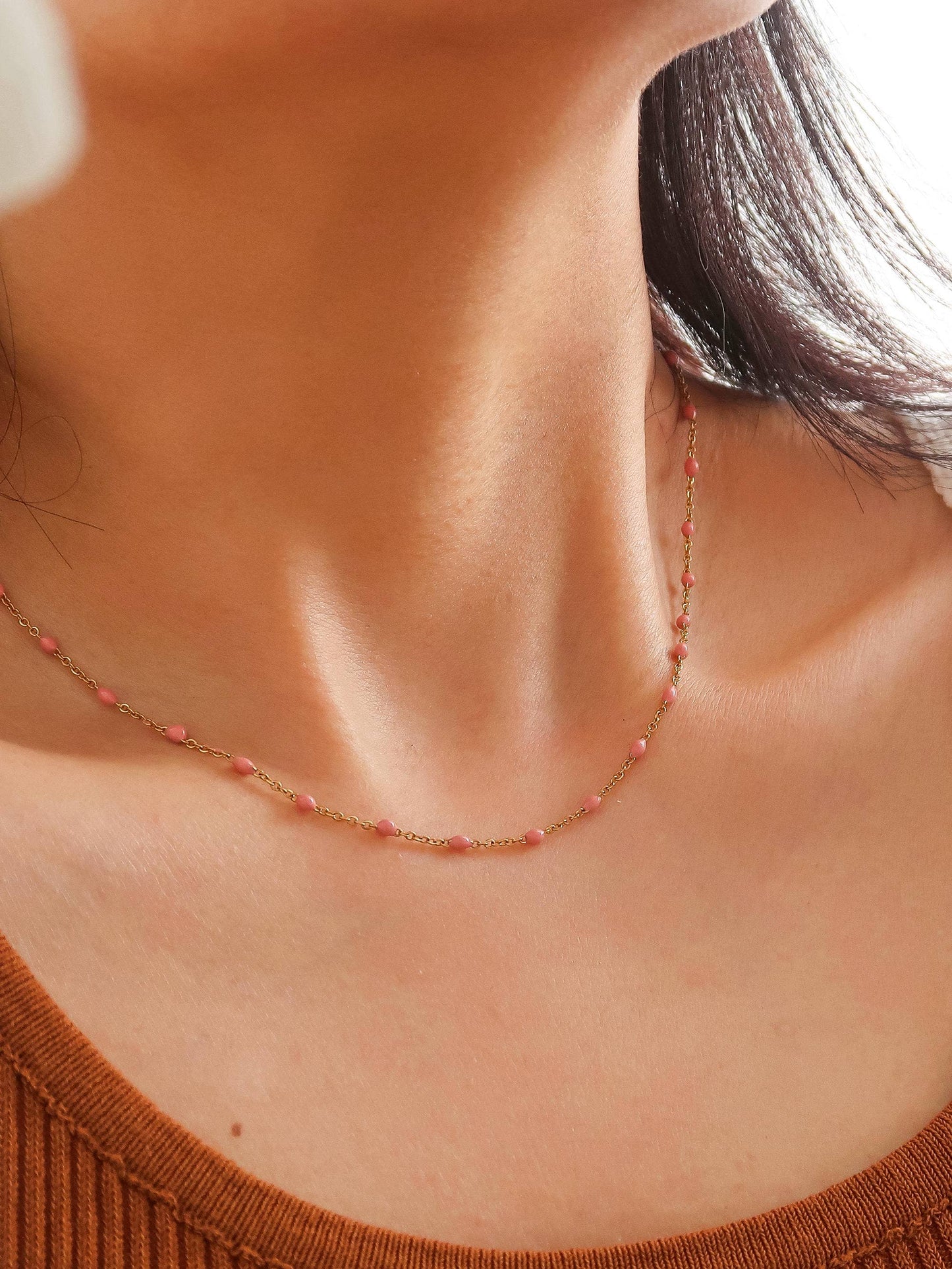 Pink Lady 18K PVD Gold Non-Tarnish Beaded Petite Chain Necklace: Rose