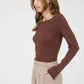 BOAT NECK LONG SLEEVE SOLID KNIT TOP: CHOCOLATE