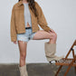 STUDDED COLLARED ZIP-UP SUEDE JACKET: CAMEL