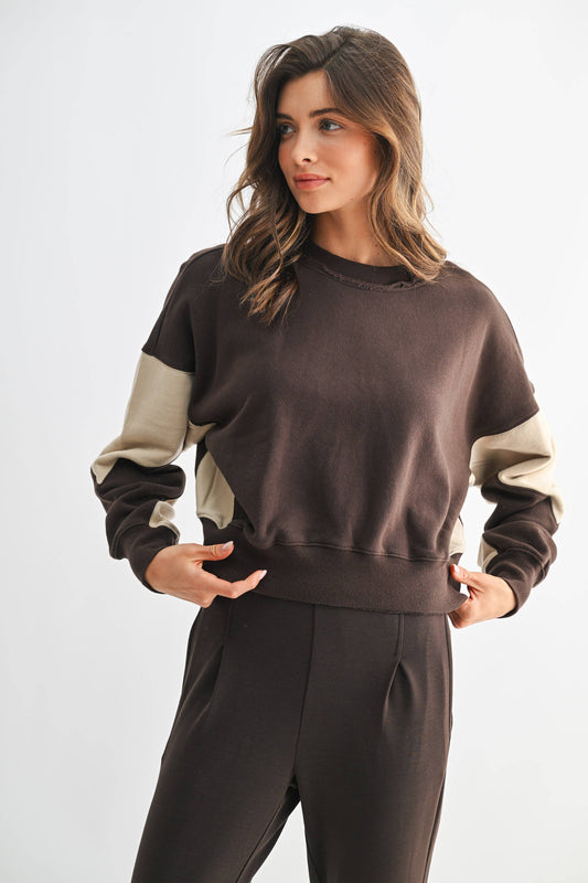 Vintage Vibes Color Block Sweatshirt: ESPRESSO/BONE / S:M:L (2:2:2)