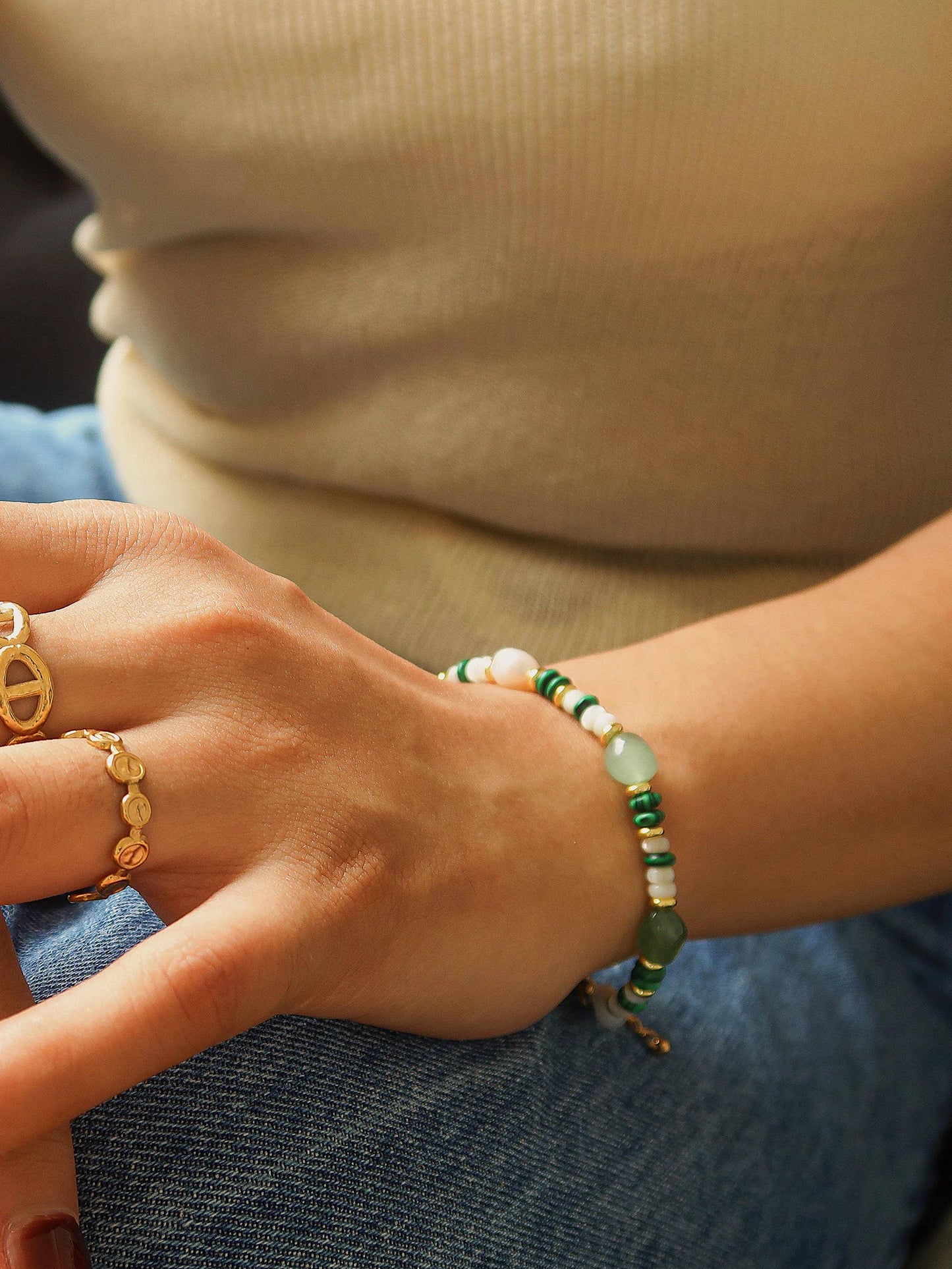 Jade 18K Non-Tarnish Bohemian Stone and Bead Bracelet: Faye-Green