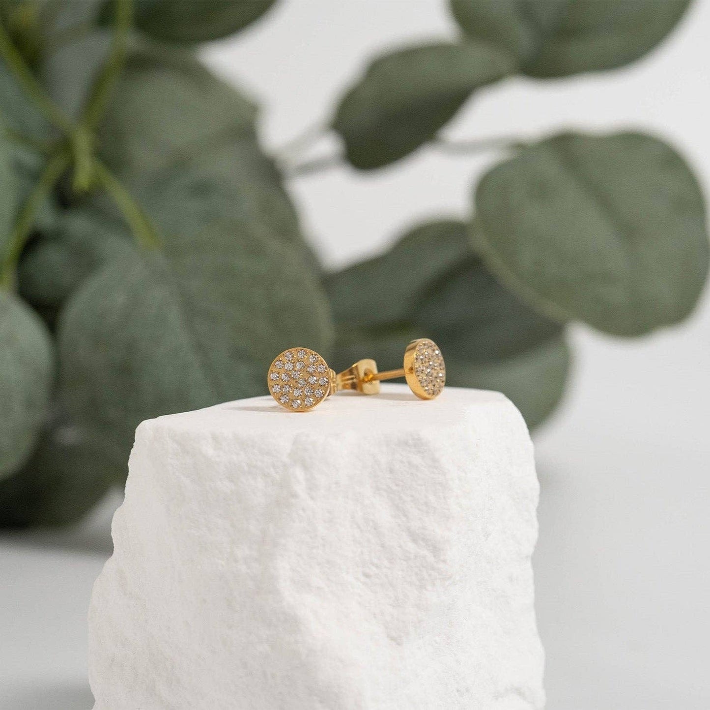 18K Gold PVD Stainless Steel Pave Stone Round Stud Earrings: Stainless