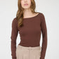 BOAT NECK LONG SLEEVE SOLID KNIT TOP: CHOCOLATE