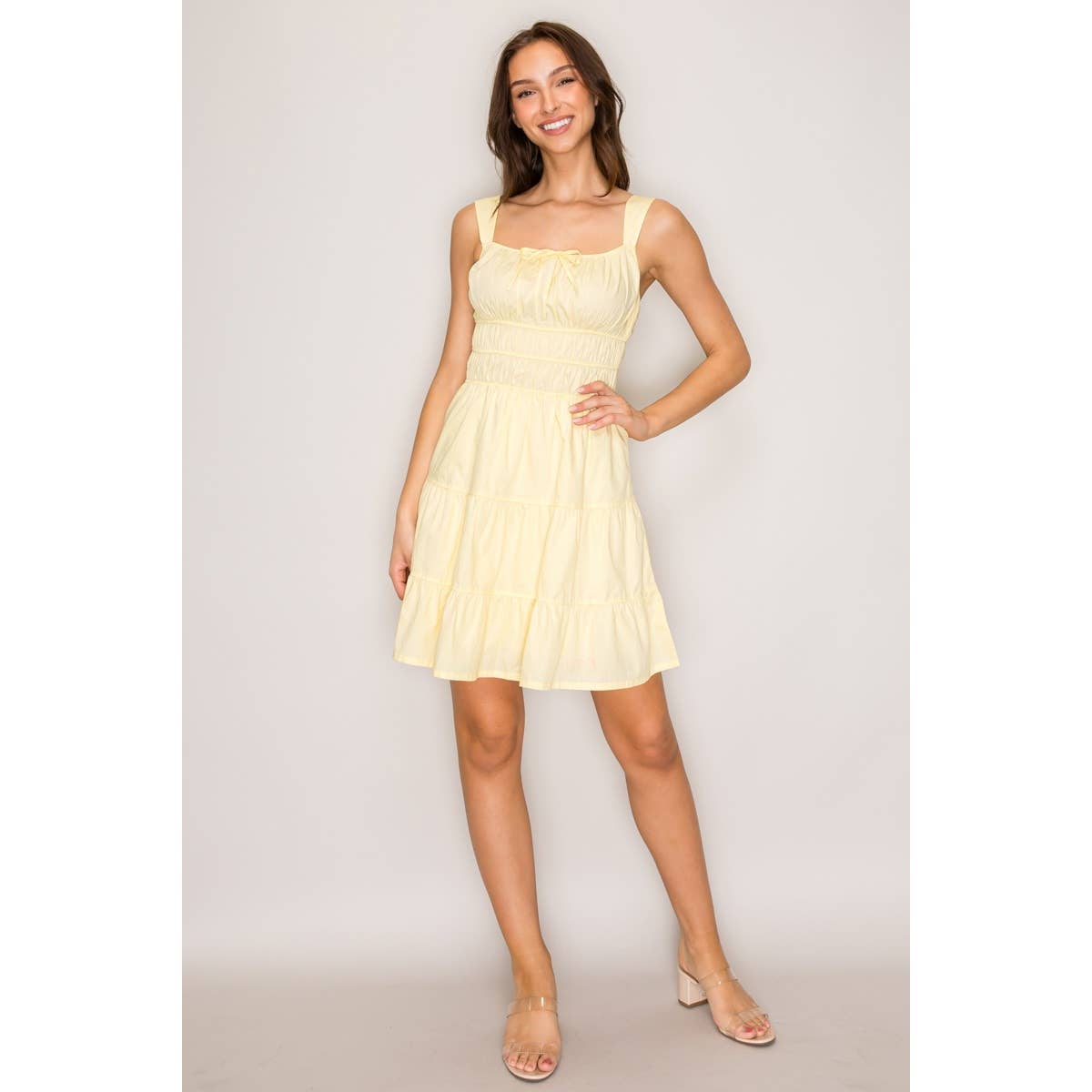 Tie Neck Sleeveless A-Line Ruffle Hem Mini Dress Light Yellow