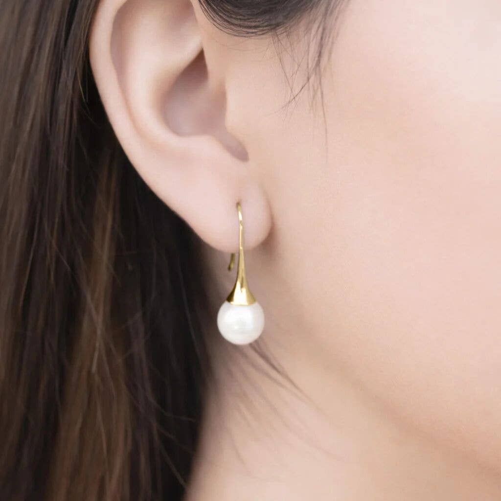 18K Gold PVD Stainless Steel Large Pearl Drop Earrings: Gold