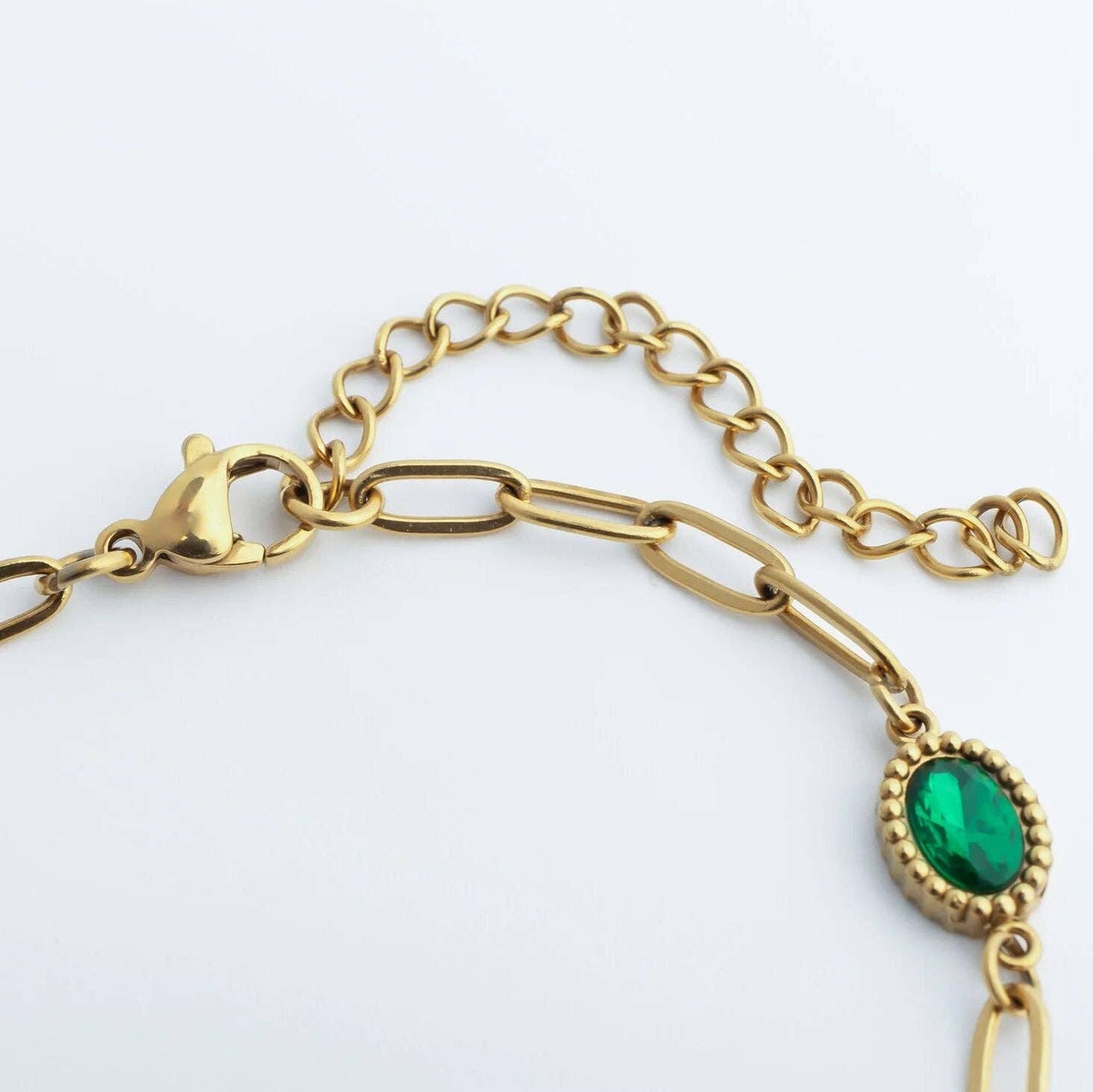 Paperclip Emerald Stone Station Bracelet: Gold