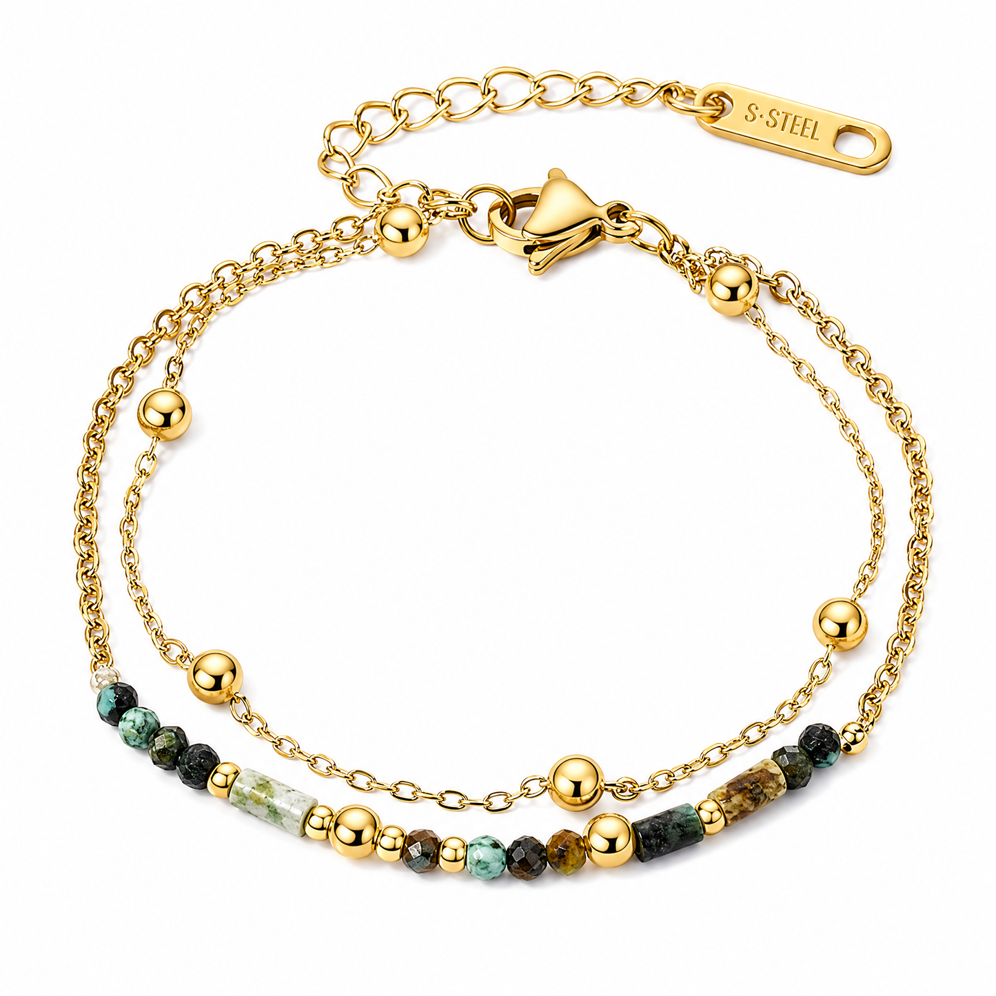 14K Gold Double Layer Beaded Boho Chain Bracelet