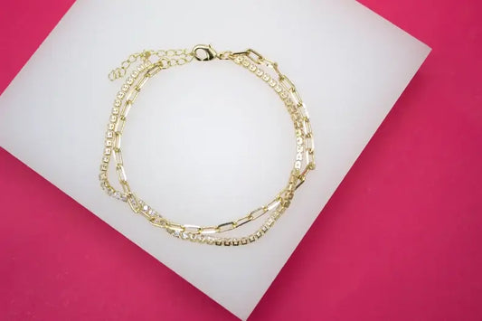 Daisy 18K Gold Filled Stacked Paperclip Chain CZ Stones Bracelet