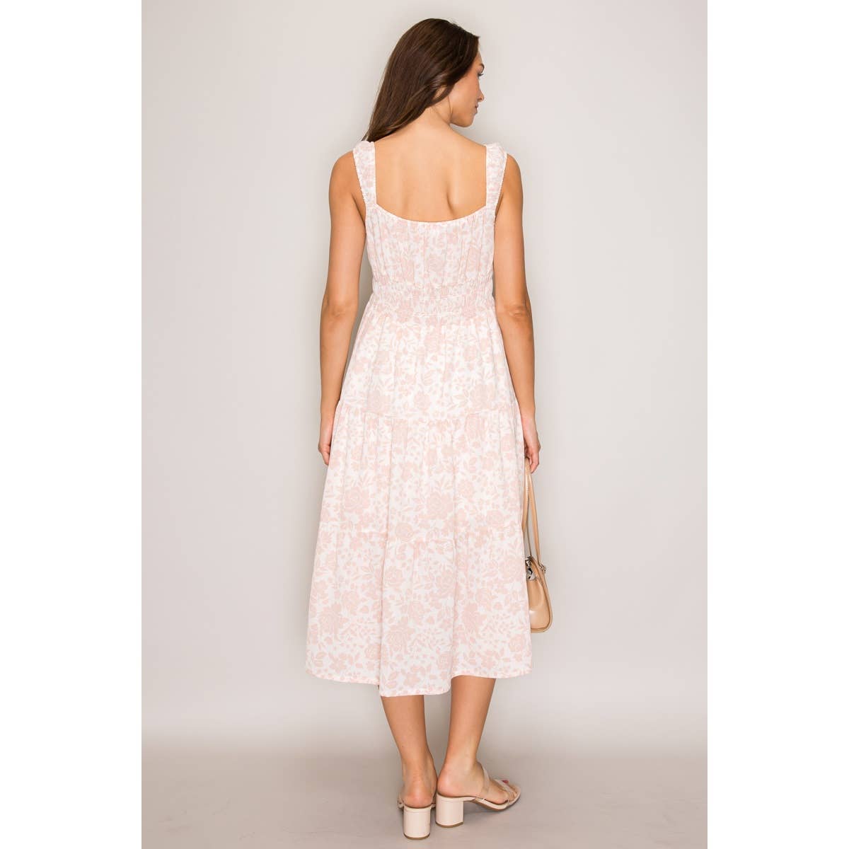 Seraphina Tiered Printed Woven Lined Midi Dress Ivory/Pink