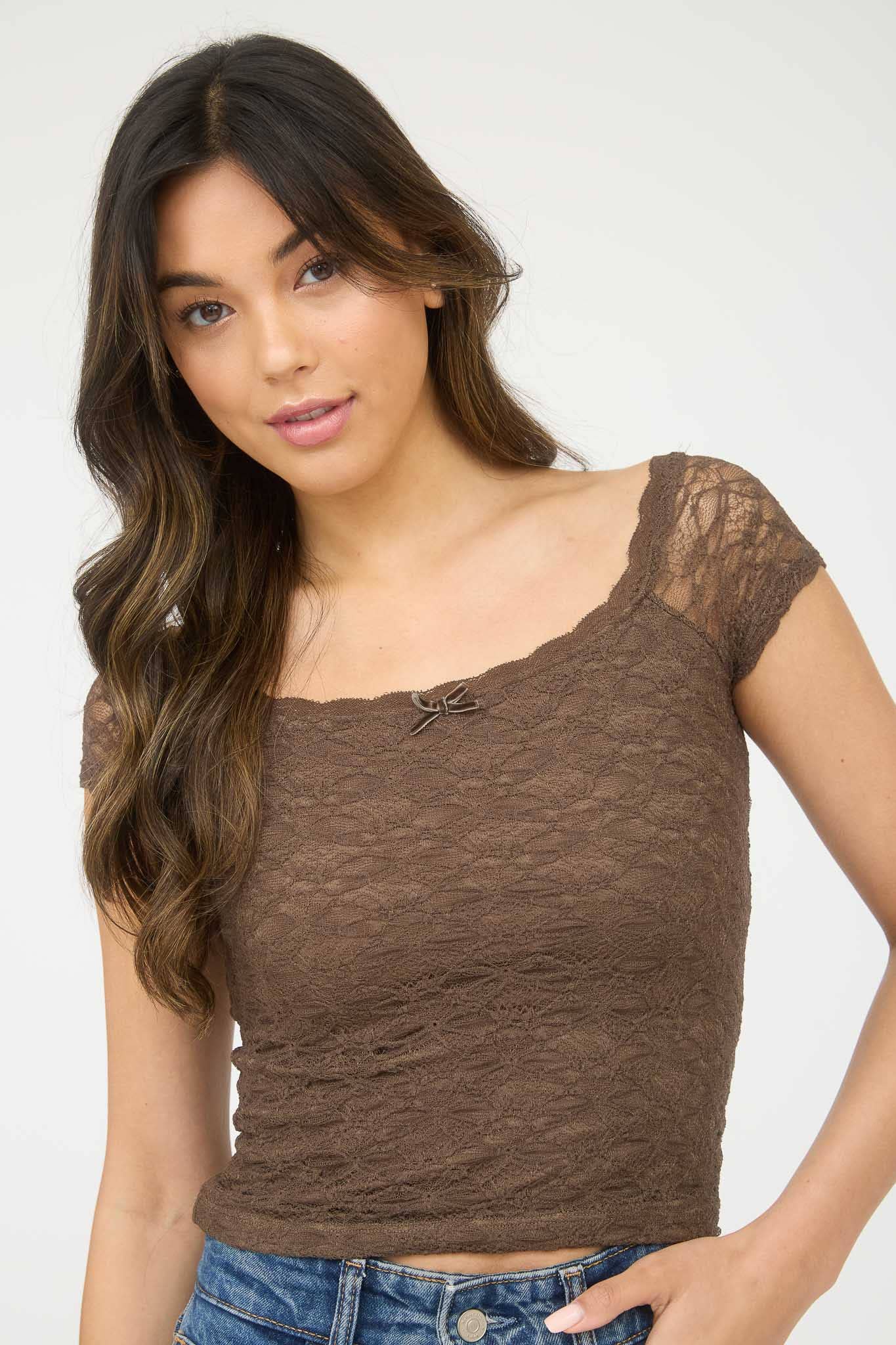 LACE FRONT BOW DETAIL SHORT SLEEVE KNIT TOP