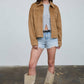 STUDDED COLLARED ZIP-UP SUEDE JACKET: CAMEL
