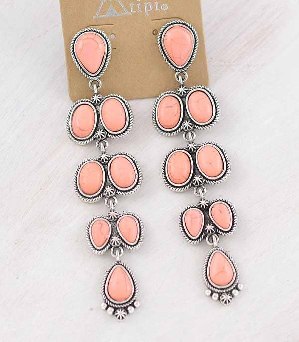 Turquoise Semi Stone Statement Drop Earrings: Pink