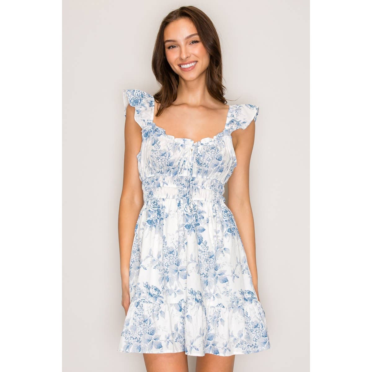 Flutter Strap Sweetheart Woven Mini Dress: Audrey Toile