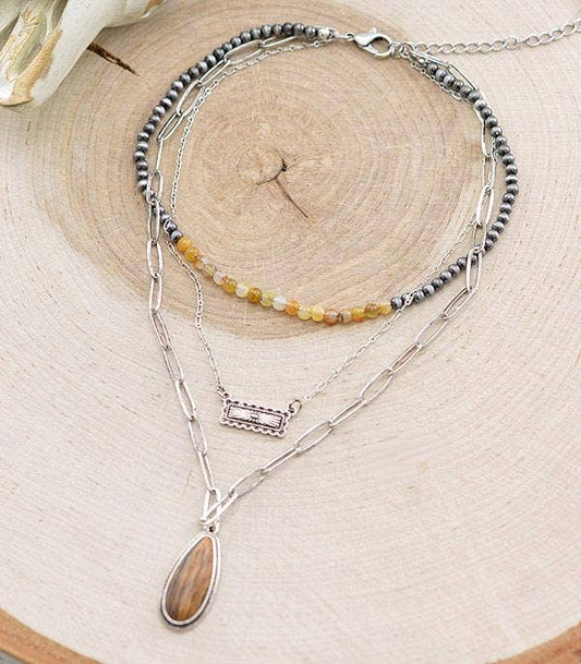 Turquoise Teardrop Layered Necklace: Brown