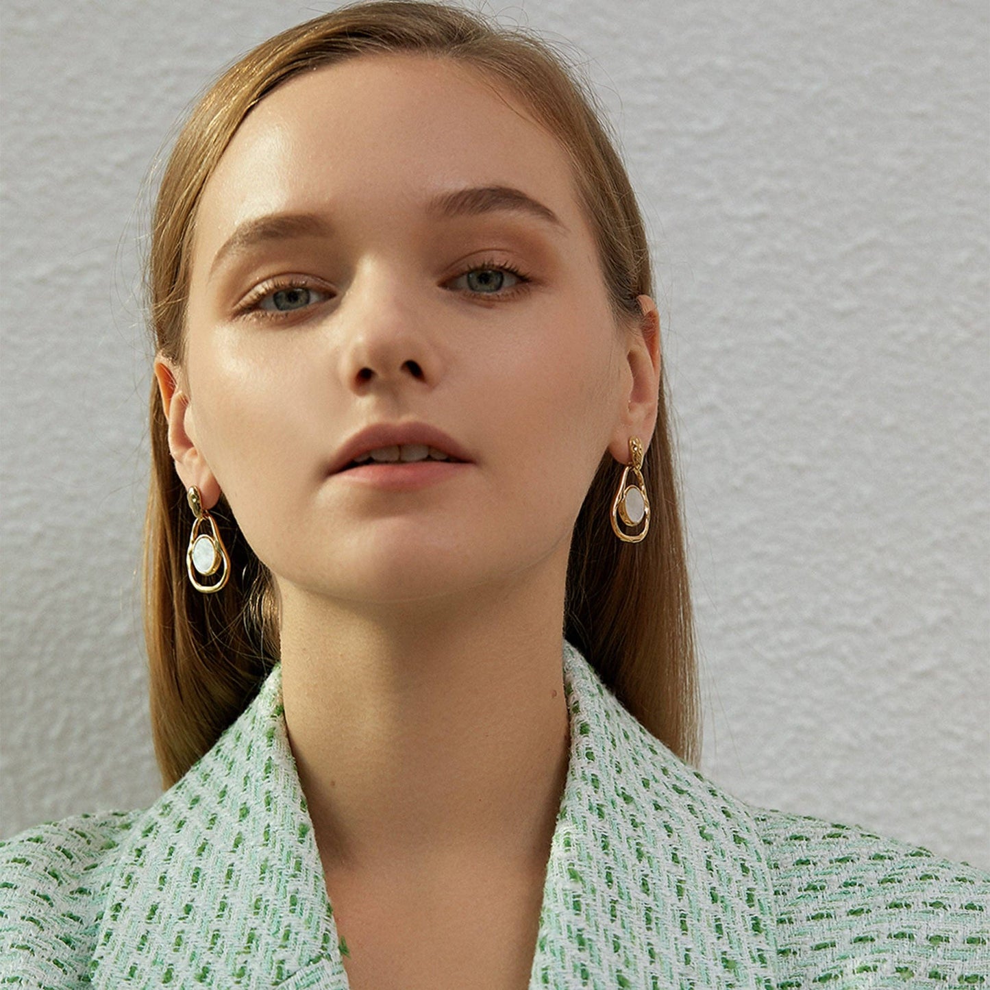 Organic Hammered Gold Mother of Pearl Drop Earrings