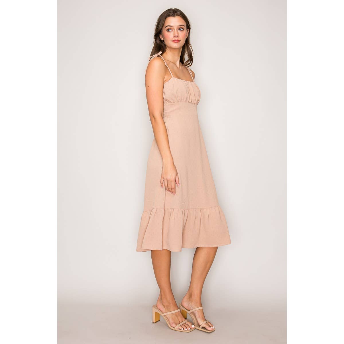 Spaghetti Strap Bow Tie Midi Dress with Ruffle: Taupe