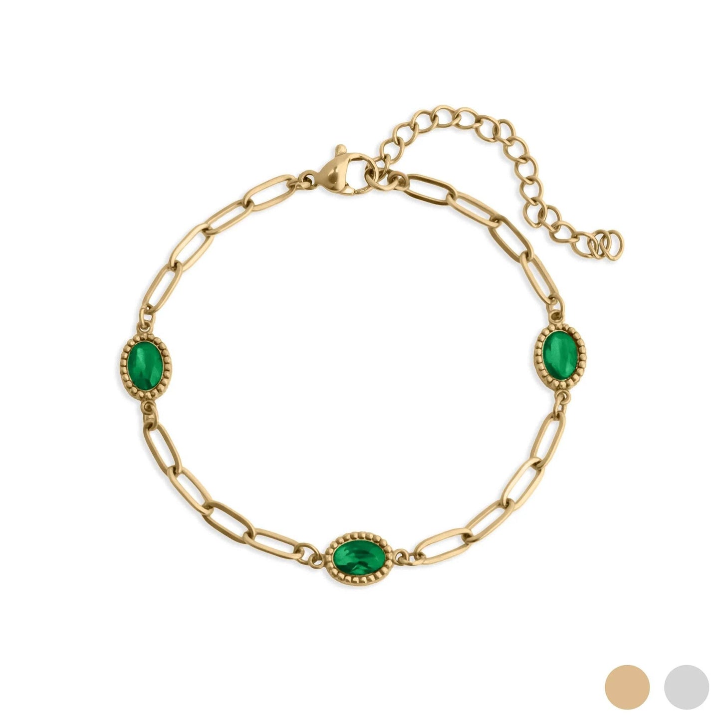 Paperclip Emerald Stone Station Bracelet: Gold