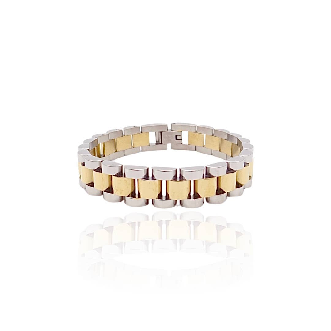 18k Gold Filled Two-Tone Strap Link Bracelet: 16 cm (Women)