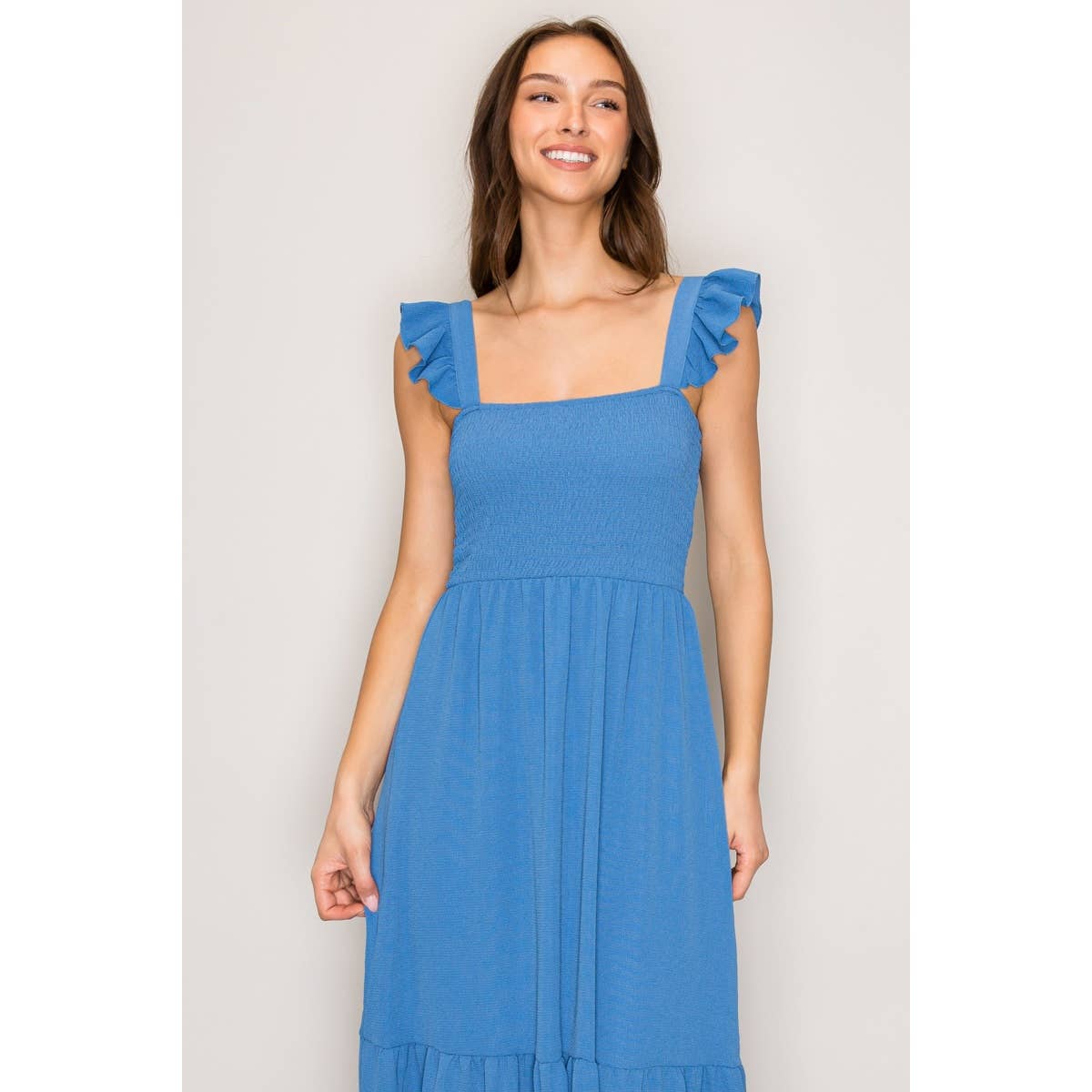 Denim Blue Flutter Strap Smocked Woven Maxi Dress