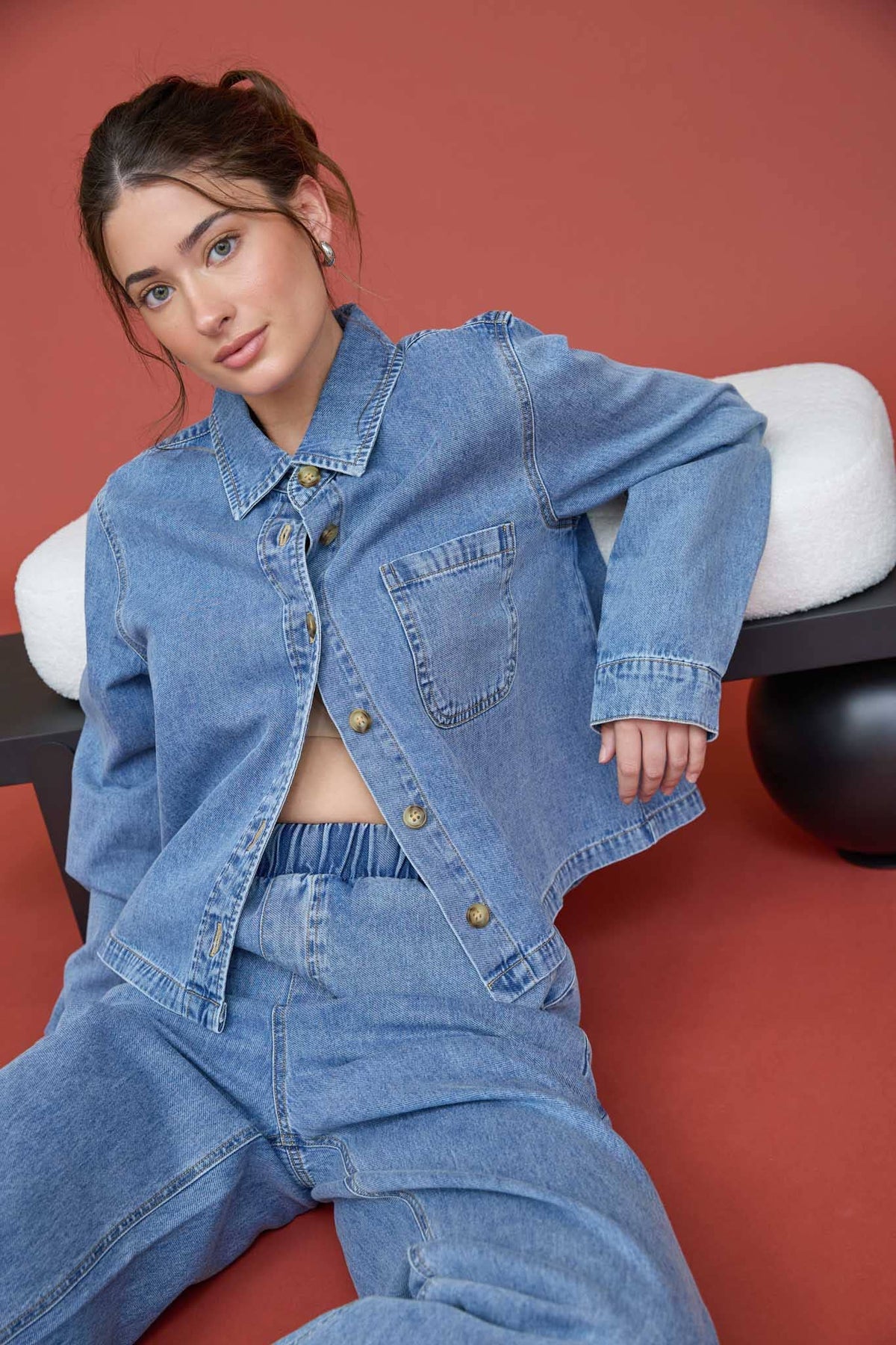 ACID WASH COLLARED LONG SLEEVE BOXY DENIM SHIRT