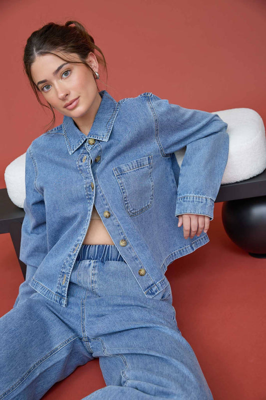 ACID WASH COLLARED LONG SLEEVE BOXY DENIM SHIRT
