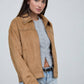 STUDDED COLLARED ZIP-UP SUEDE JACKET: CAMEL