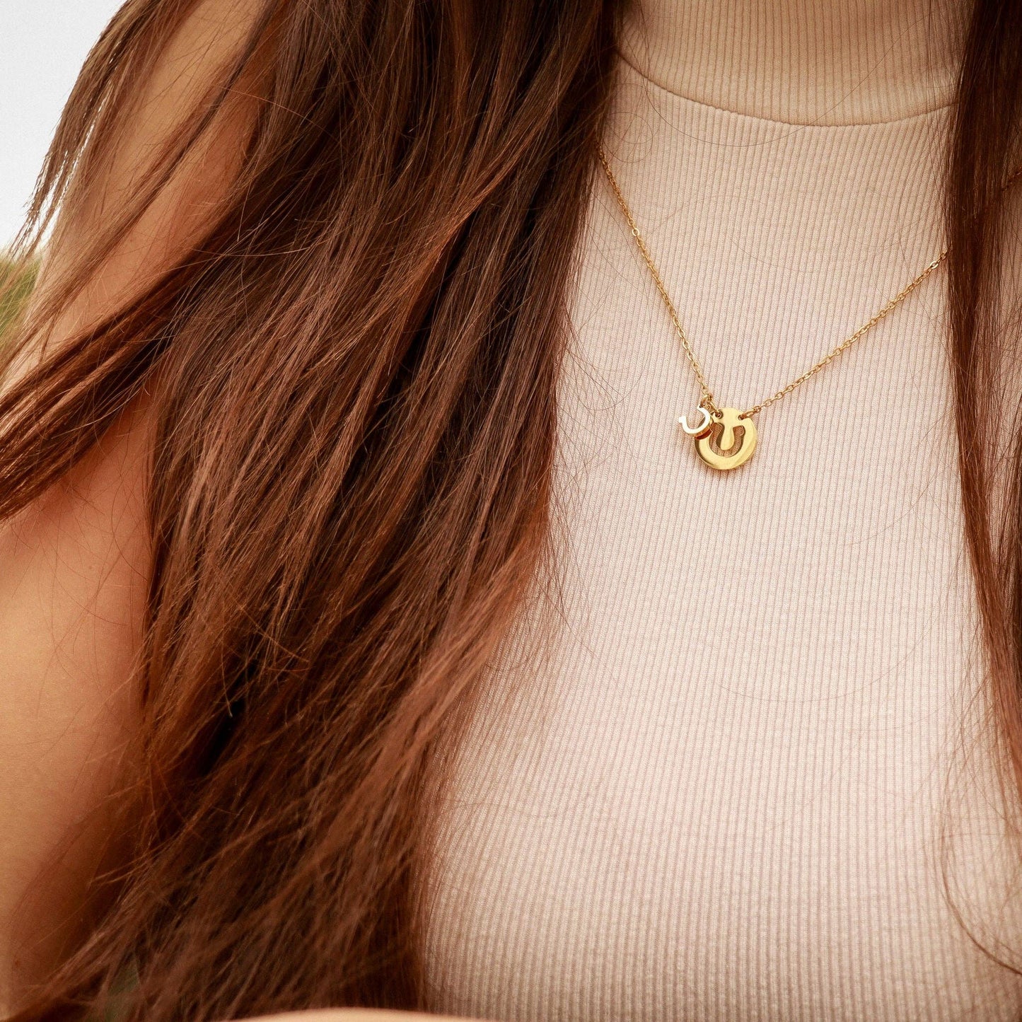 Western Stainless Steel / PVD Gold Horseshoe Charm Necklace: Gold