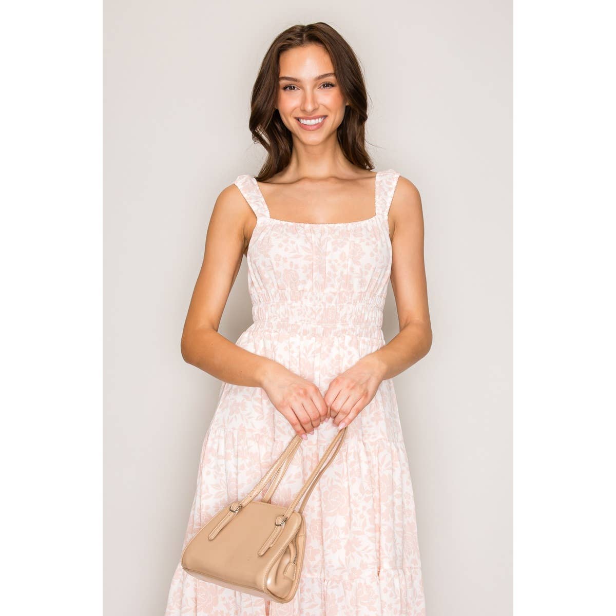 Seraphina Tiered Printed Woven Lined Midi Dress Ivory/Pink