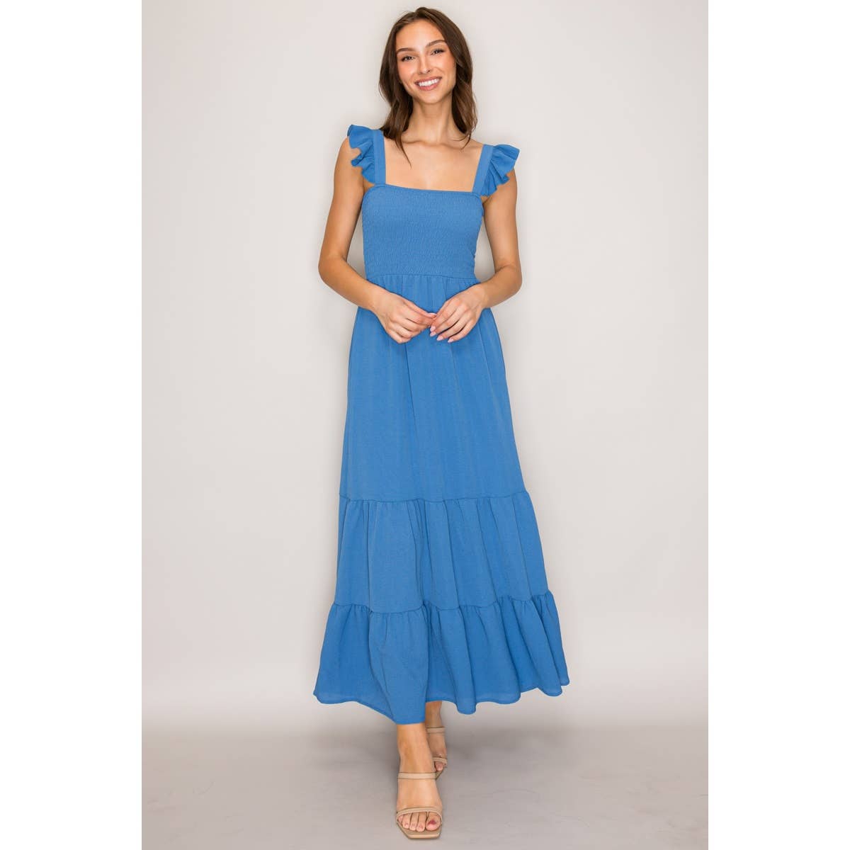 Denim Blue Flutter Strap Smocked Woven Maxi Dress